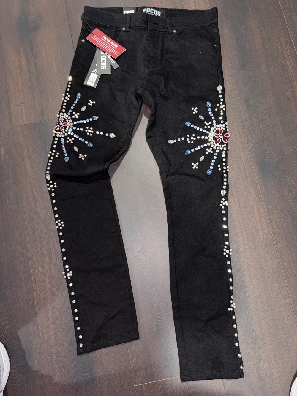 Focus Black Skinny Jeans with Crystal Burst Embellishments
